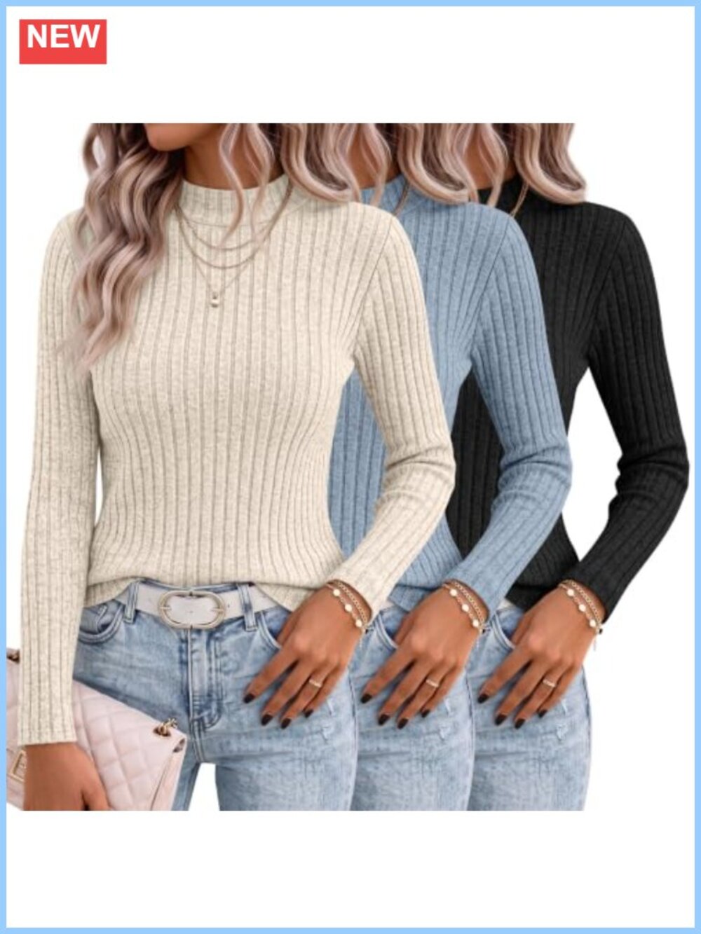 Ribbed Knit Mock Neck Long Sleeve Pullover Sweaters 3 Pack Lightweight